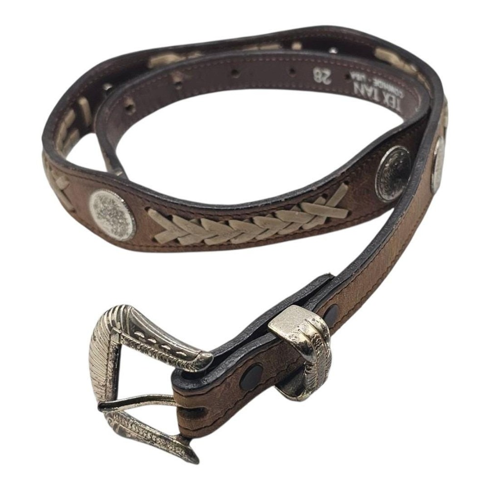 VTG Tex Tan 28872 Brown Leather Western Belt Silver Conchos Braided‎ Inset Sz 28
